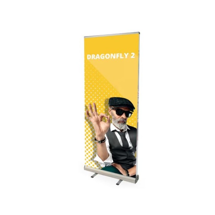 Roll-up Dragonfly 2 double face 89×210,5×39,5 cm avec structure aluminium, rail clippant et sac inclus pour salons et événements