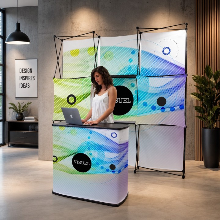 Stand multifaceted paraluie droit avec comptoir valise