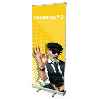 Roll-up Dragonfly 2 double face 89×210,5×39,5 cm avec structure aluminium, rail clippant et sac inclus pour salons et événements
