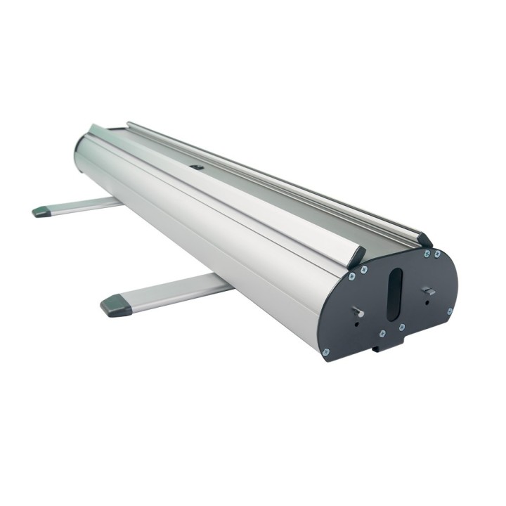 Roll-up Dragonfly 2 double face 89×210,5×39,5 cm avec structure aluminium, rail clippant et sac inclus pour salons et événements